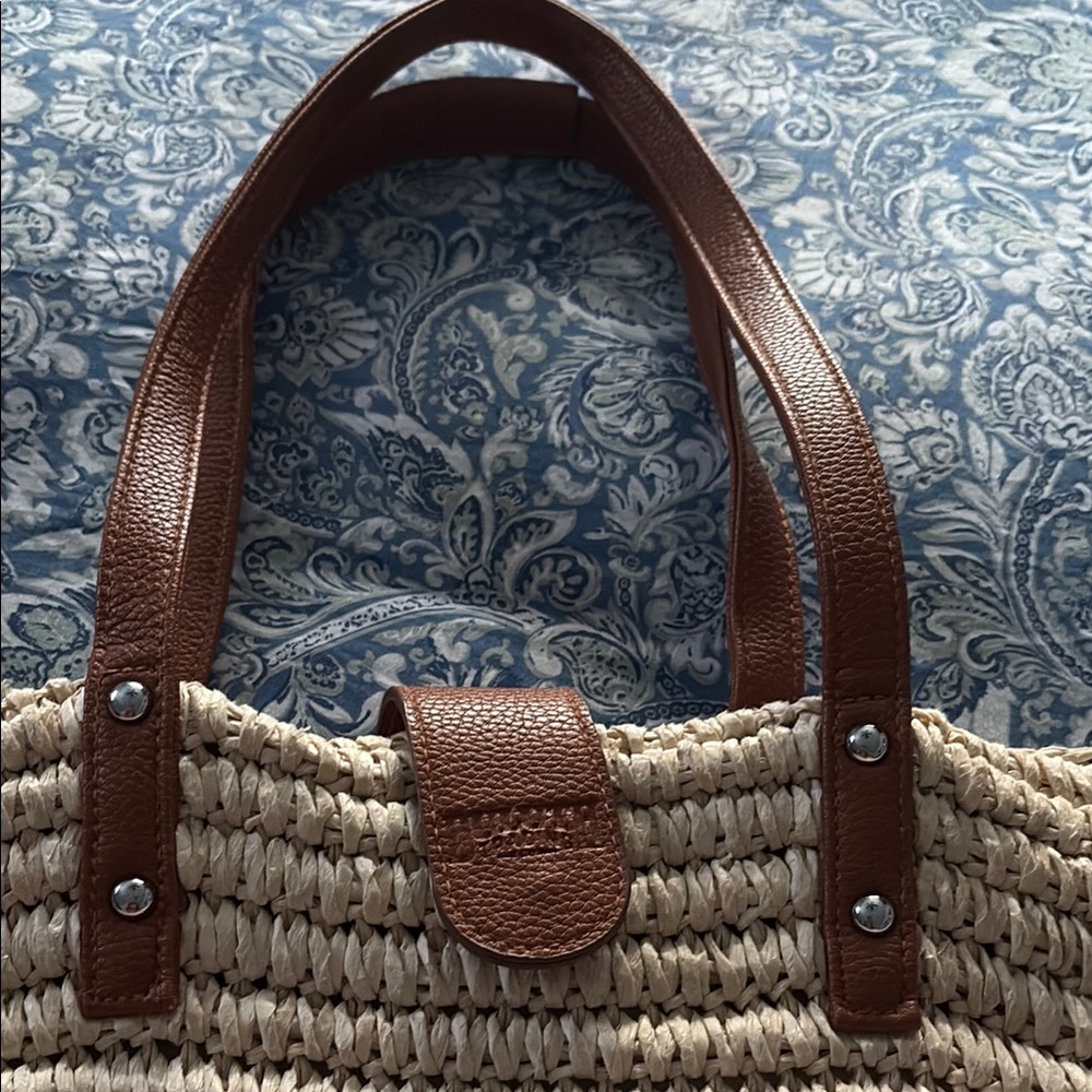 Duluth Trading Co. Cream Woven Tote with Brown Leather Trim
